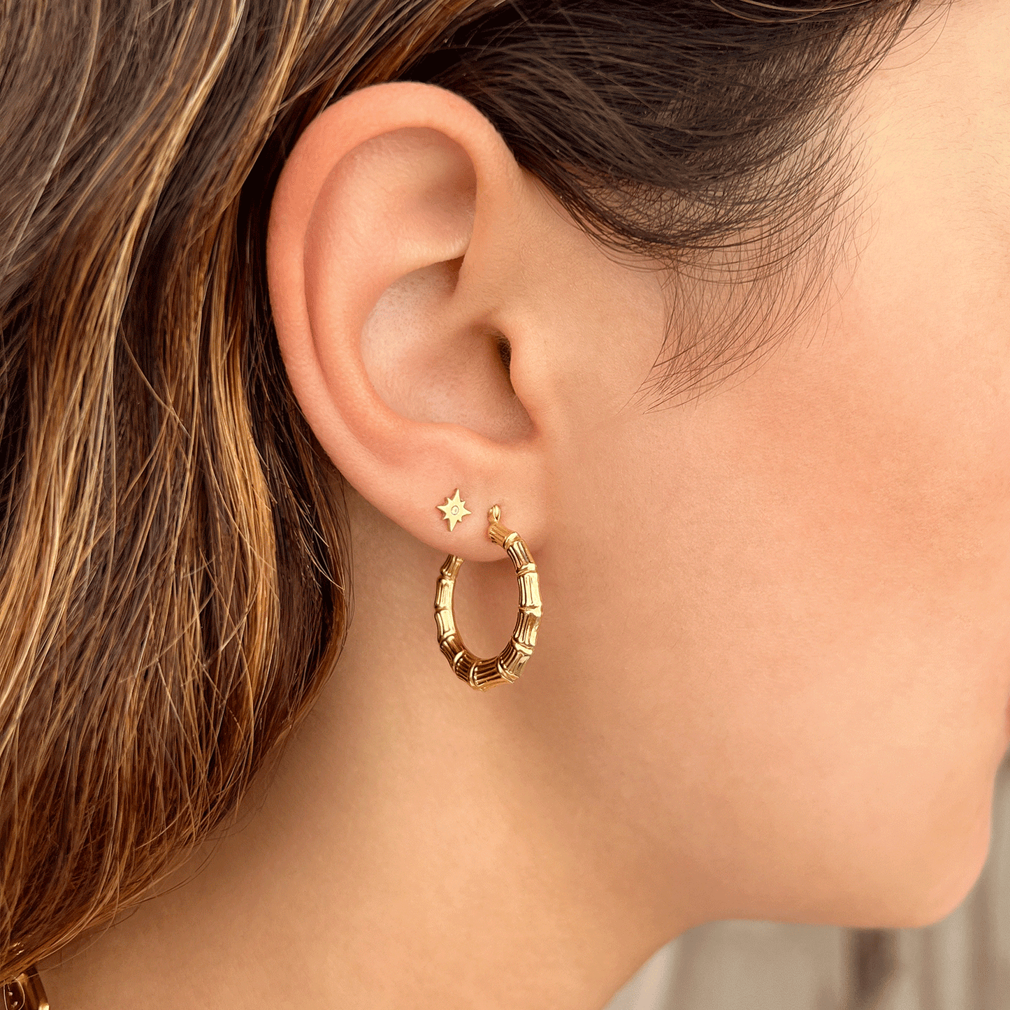 Bamboo Hoop Earrings - Lotus Diamond