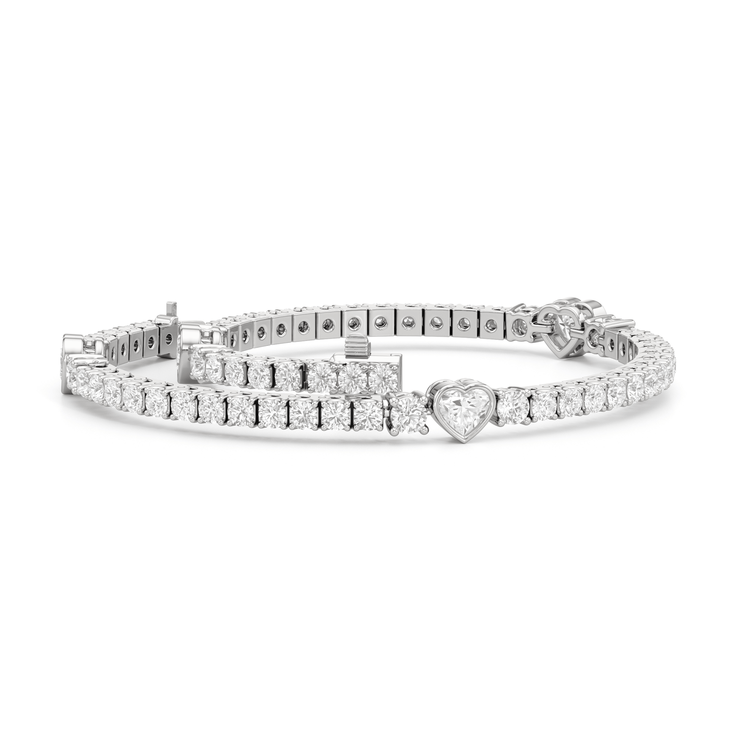 Bezeled Heart Station with Round Diamonds Tennis Bracelet - Lotus Diamond