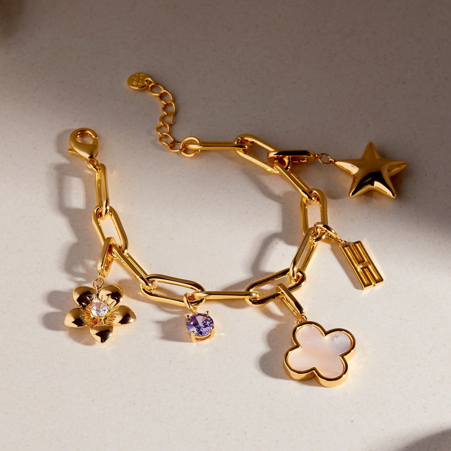 Cami Birthstone Initial Charm Bracelet - Lotus Diamond