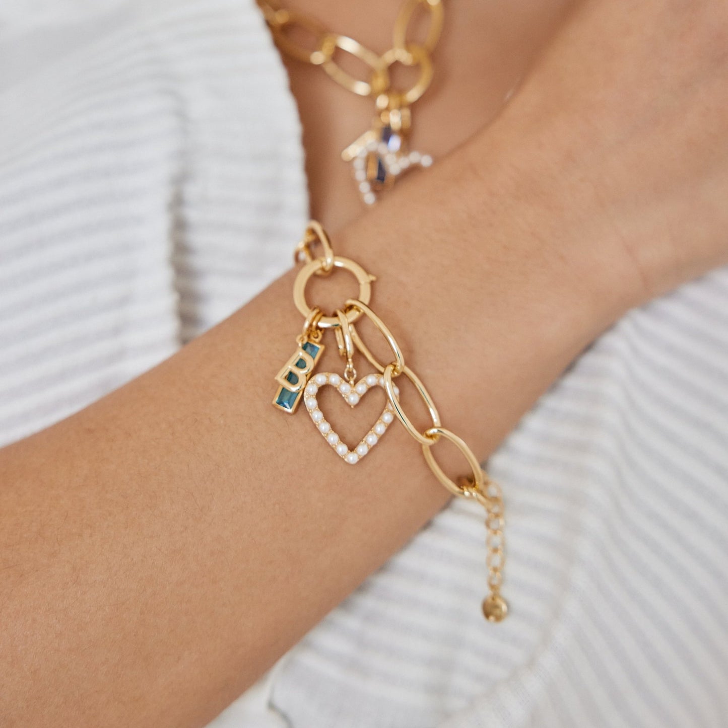 Cami Birthstone Initial Pearl Heart Charm Bracelet - Lotus Diamond