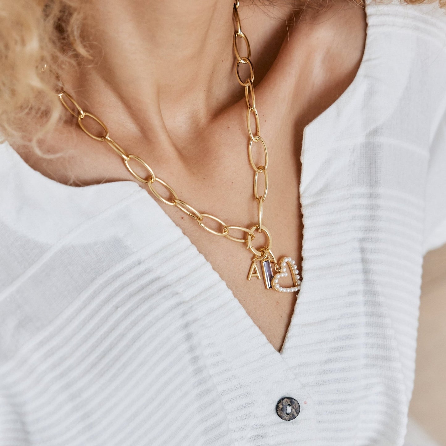 Cami Birthstone Initial Pearl Heart Charm Necklace - Lotus Diamond
