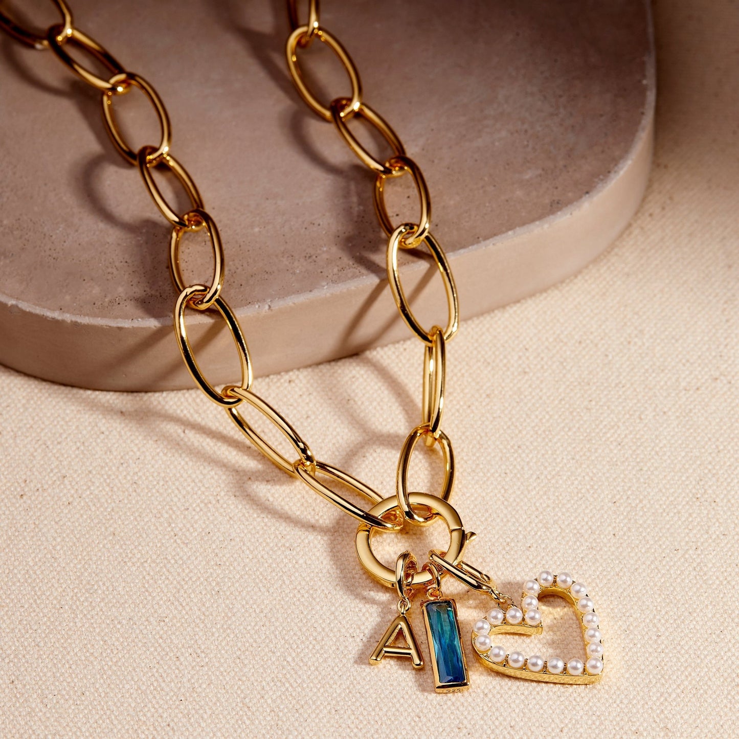 Cami Birthstone Initial Pearl Heart Charm Necklace - Lotus Diamond
