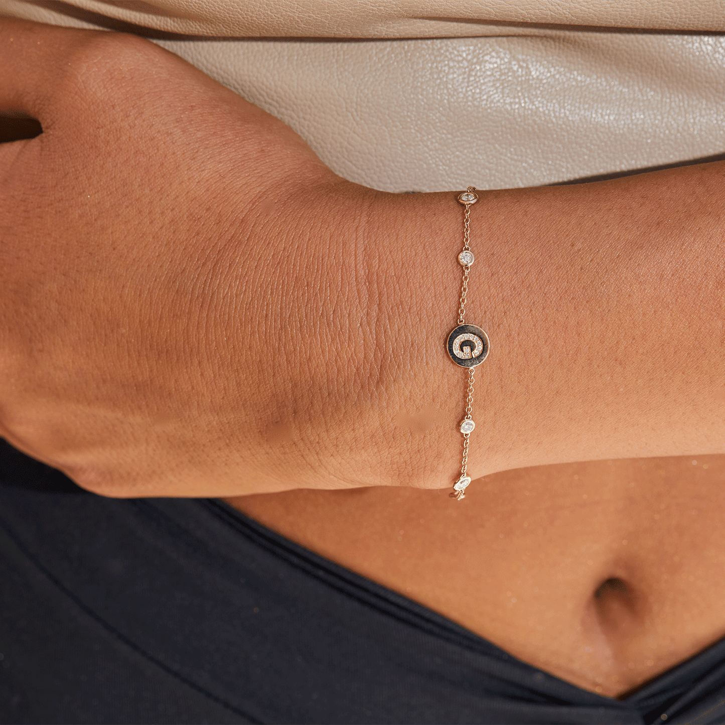 Diamond Bezel Strand Initial Letter Coin Bracelet - Lotus Diamond