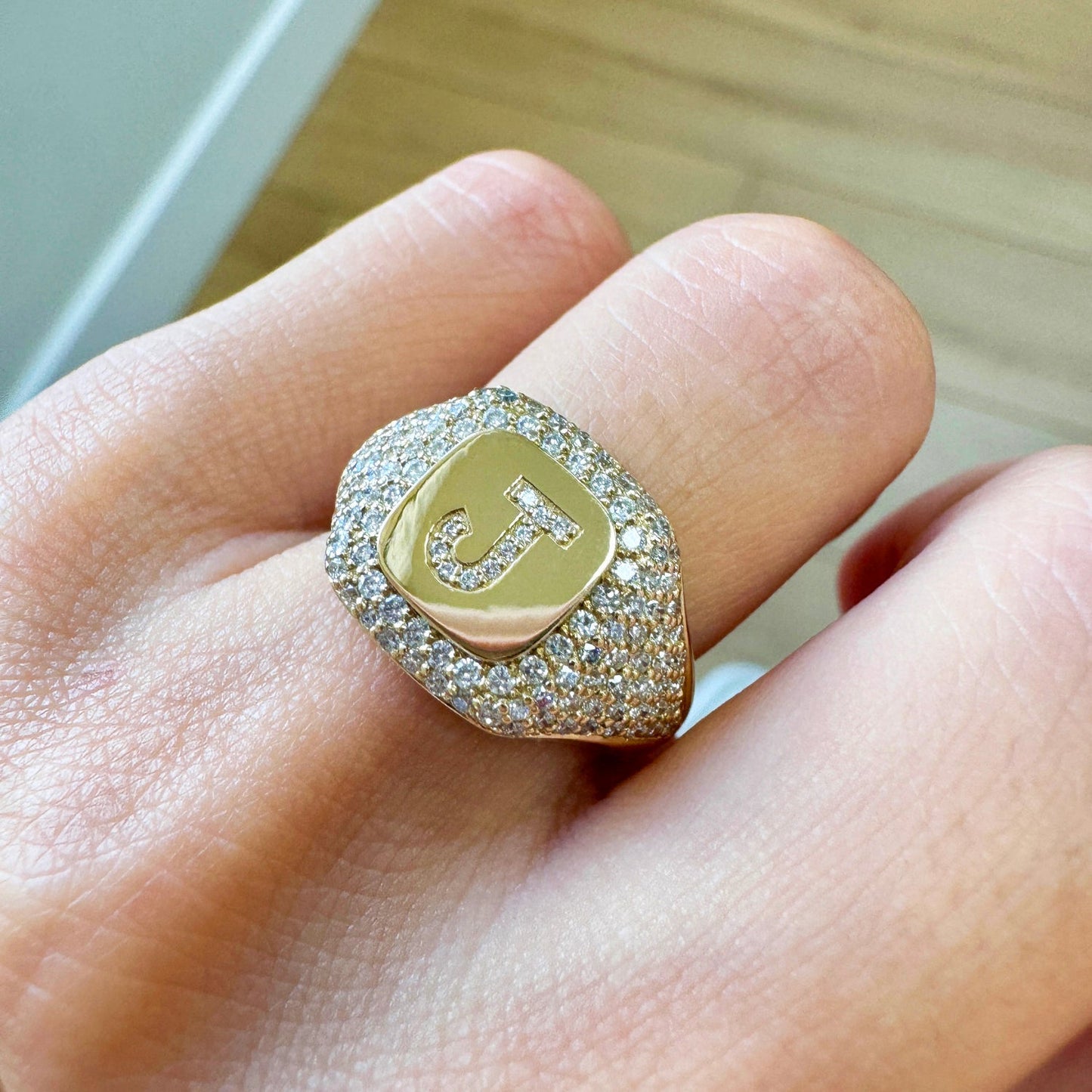 Diamond Pave Initial Signet Ring - Lotus Diamond