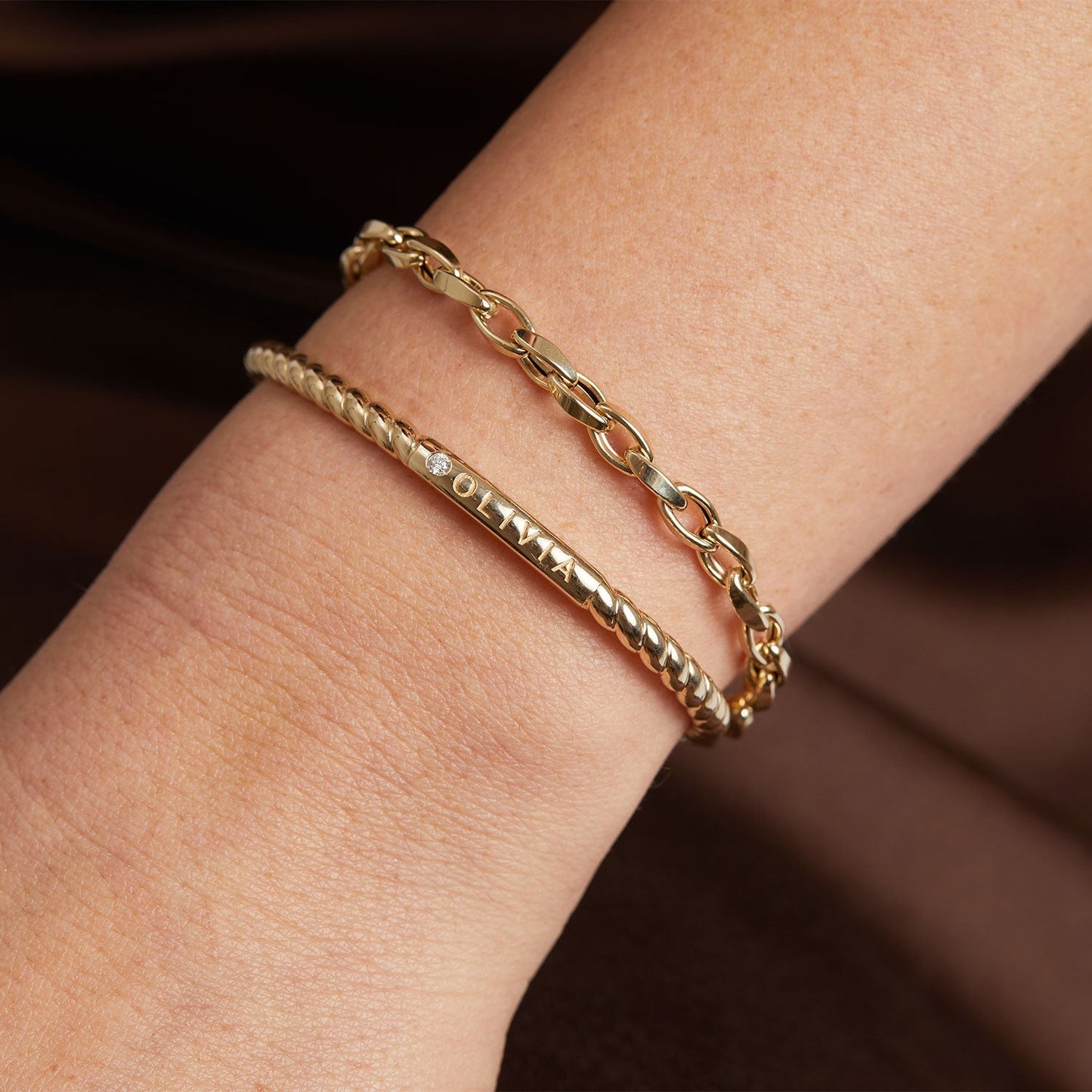 Diamond Solitaire Engravable Twist Name Cuff - Lotus Diamond