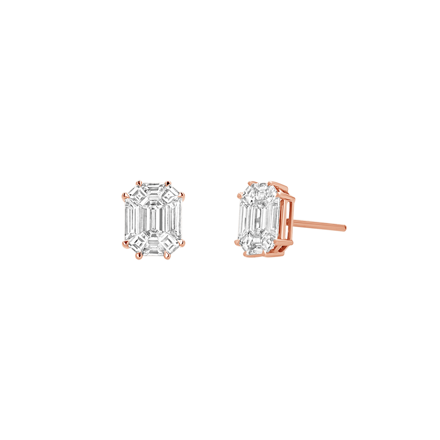 Emerald Shape Illusion Set Diamond Stud Earrings - Lotus Diamond