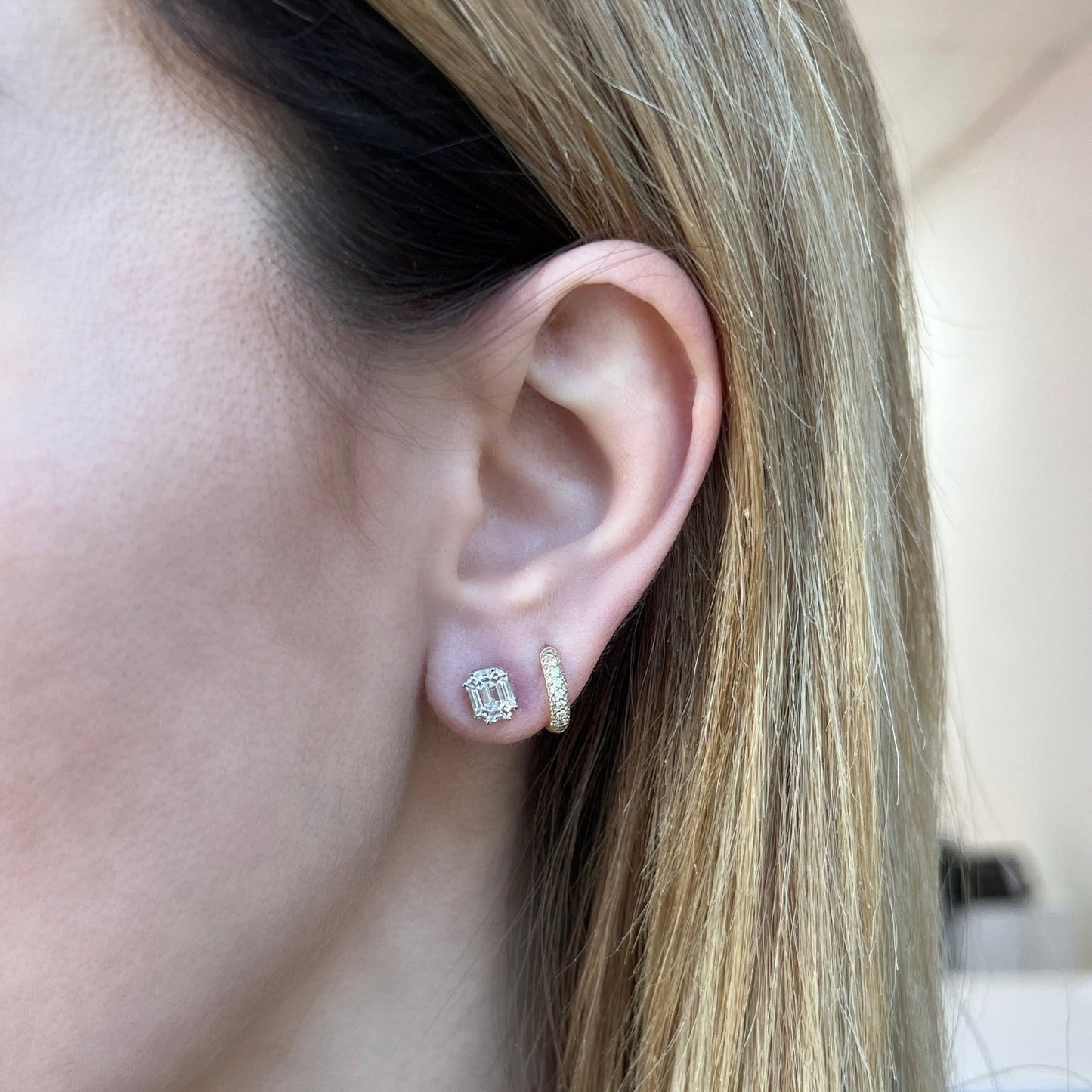 Emerald Shape Illusion Set Diamond Stud Earrings - Lotus Diamond