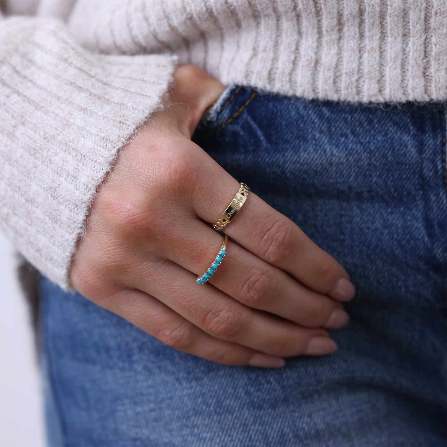 Genuine Turquoise Half Eternity Band - Lotus Diamond
