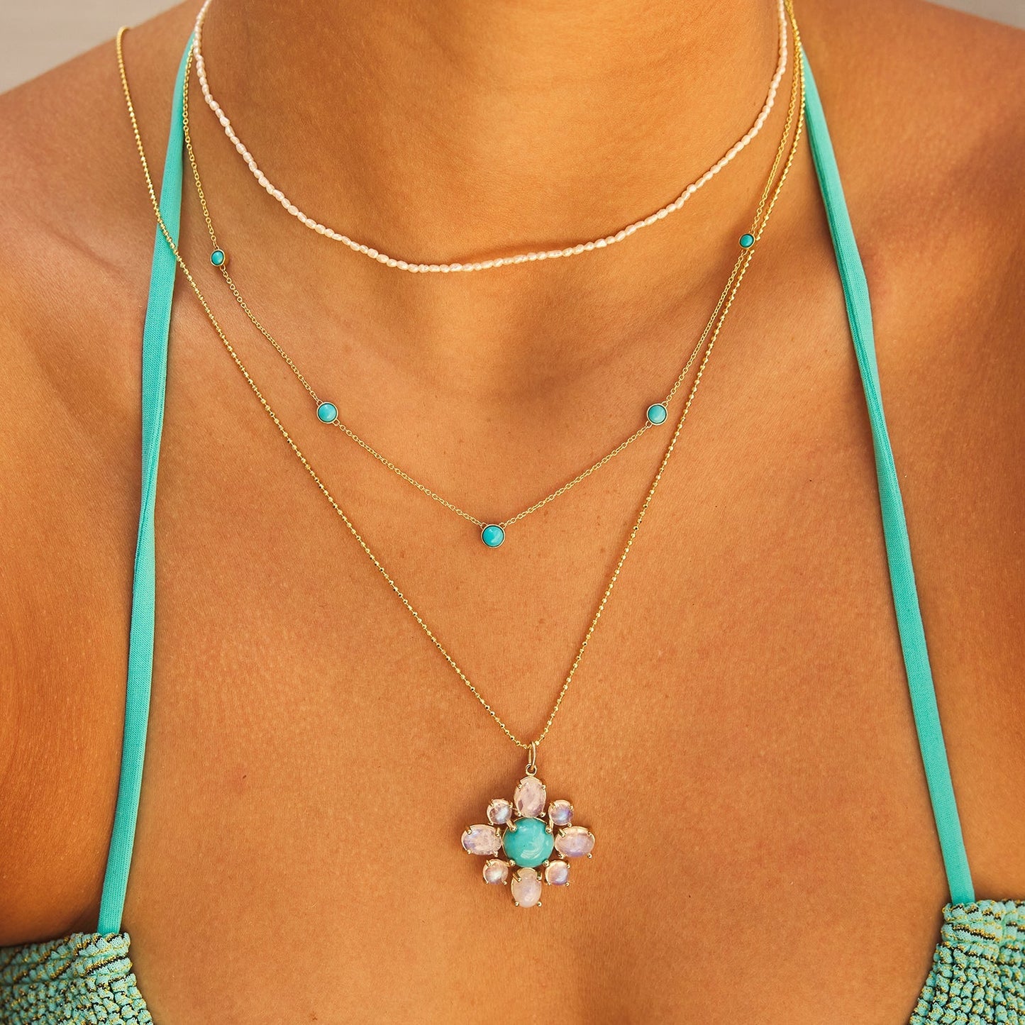 Genuine Turquoise Moonstone Fleur Charm - Lotus Diamond