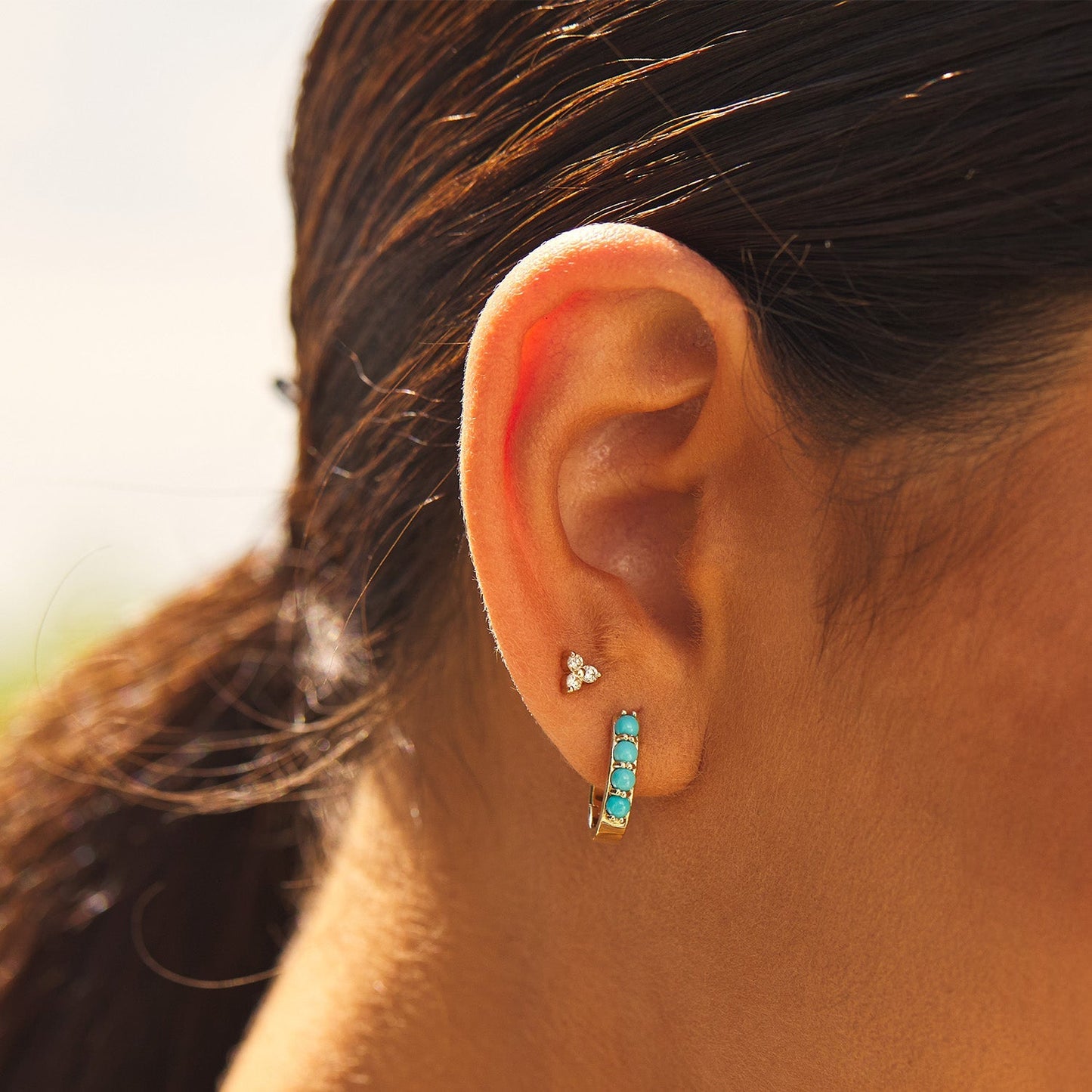 Genuine Turquoise Paper Clip Huggie Hoops - Lotus Diamond