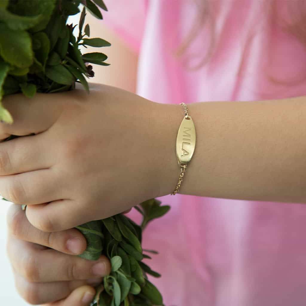 Kids Signature Elongated Oval ID Engravable Bracelet - Lotus Diamond