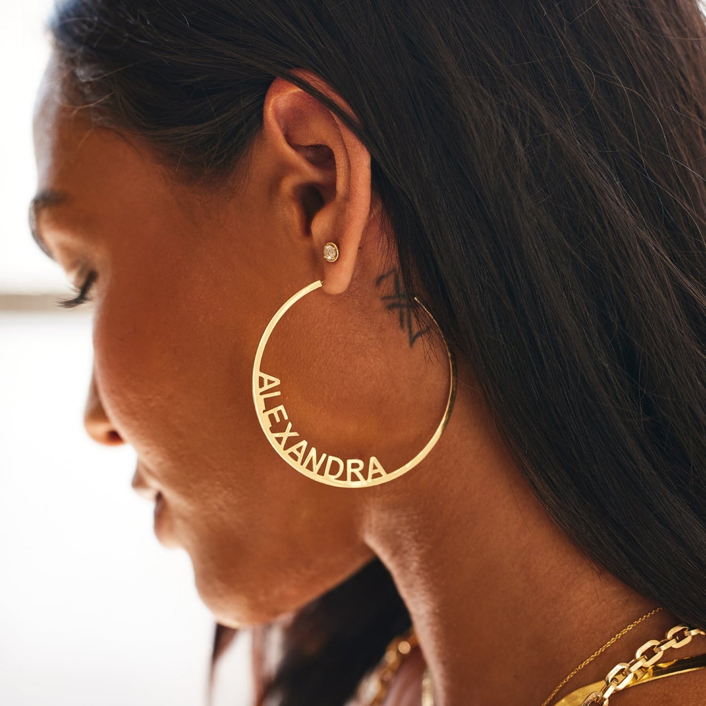 Large Custom Block Name Hoop Earrings - Lotus Diamond