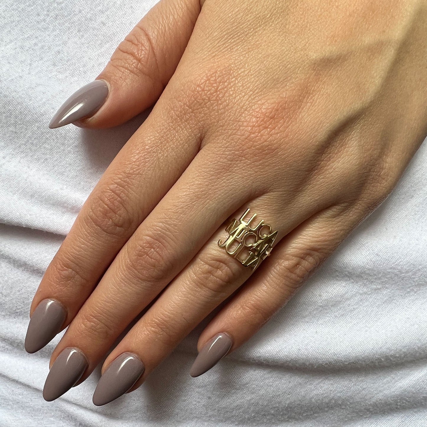 Linear Triple Name Ring - Lotus Diamond