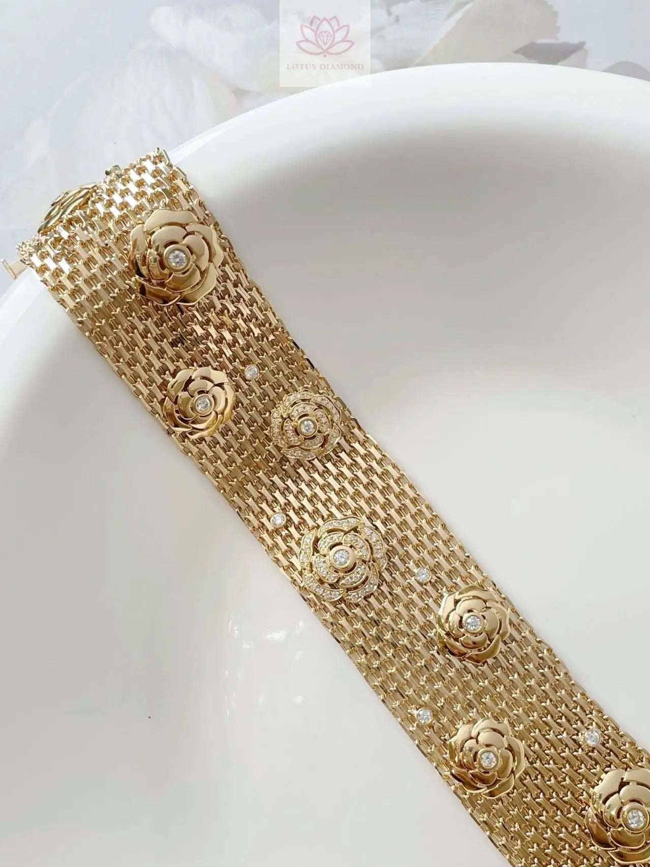 Luxurious and Elegant Chanel - style Camellia Wide Bracelet - Lotus Diamond