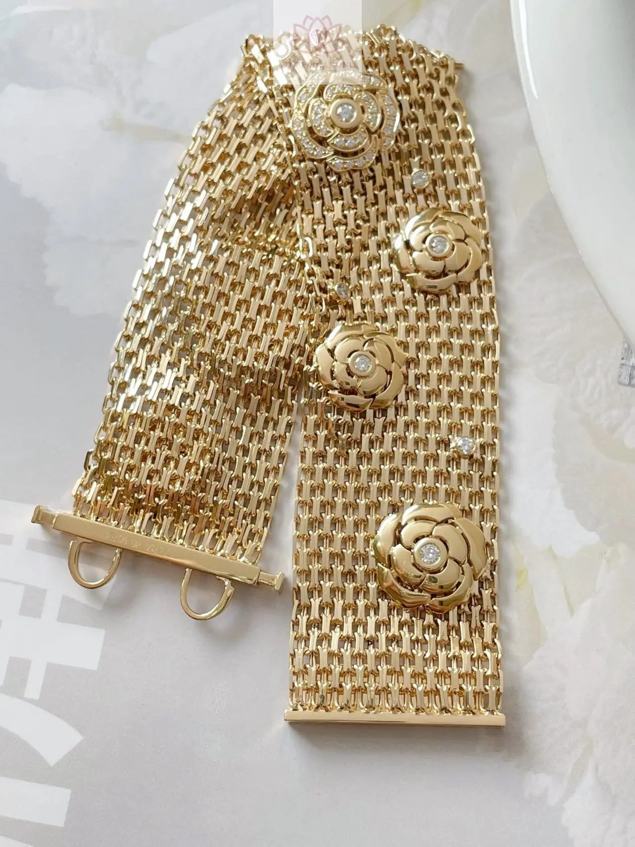 Luxurious and Elegant Chanel - style Camellia Wide Bracelet - Lotus Diamond