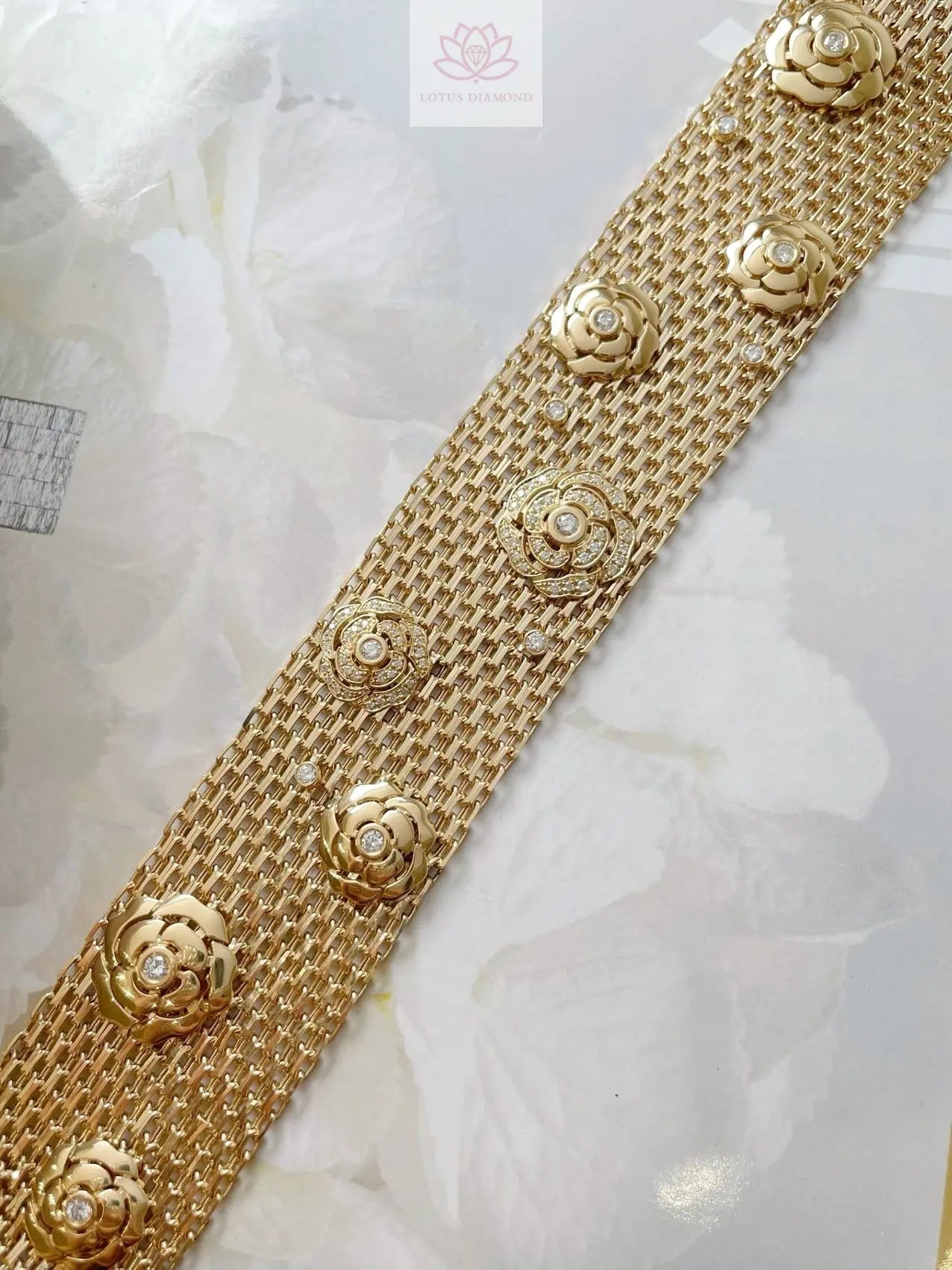 Luxurious and Elegant Chanel - style Camellia Wide Bracelet - Lotus Diamond