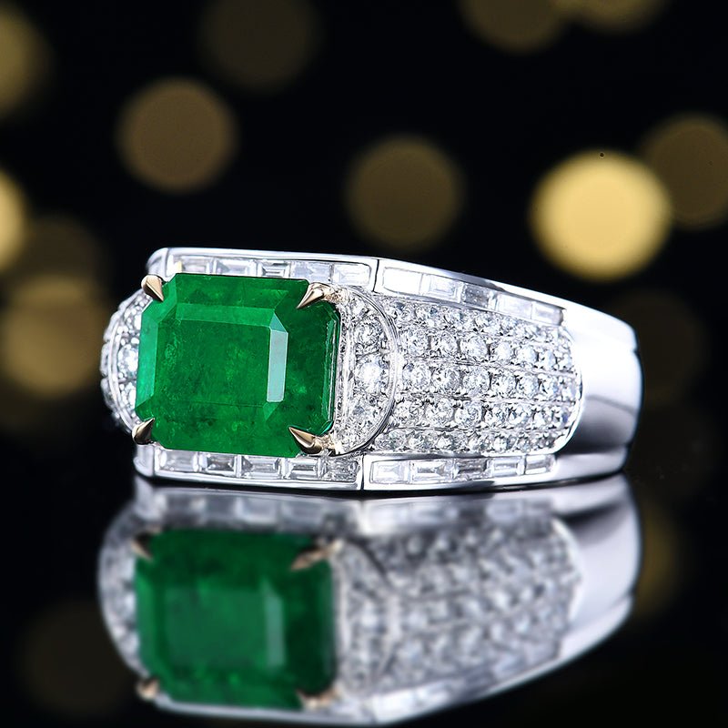 Men's Natural Emerald Ring - Style A - Lotus Diamond