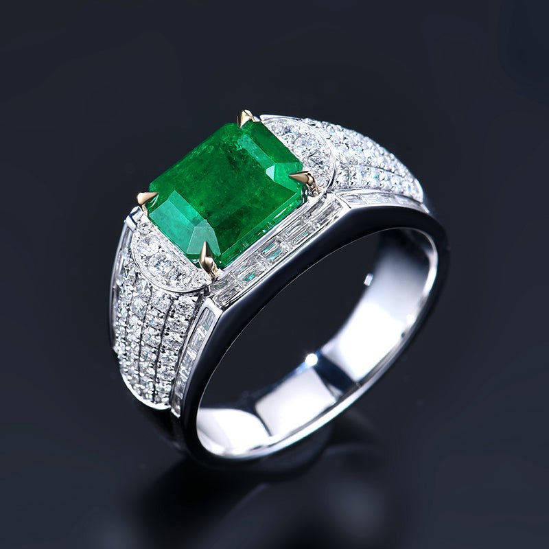 Men's Natural Emerald Ring - Style A - Lotus Diamond