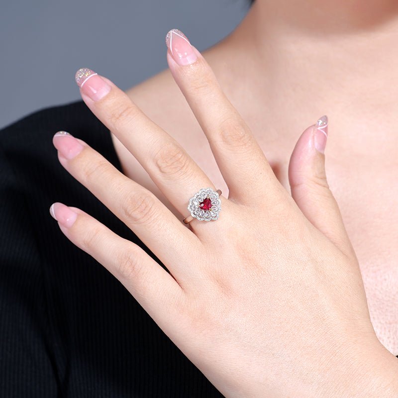 No burned pigeon Red Ruby ring Heart - shaped - Style B - Lotus Diamond