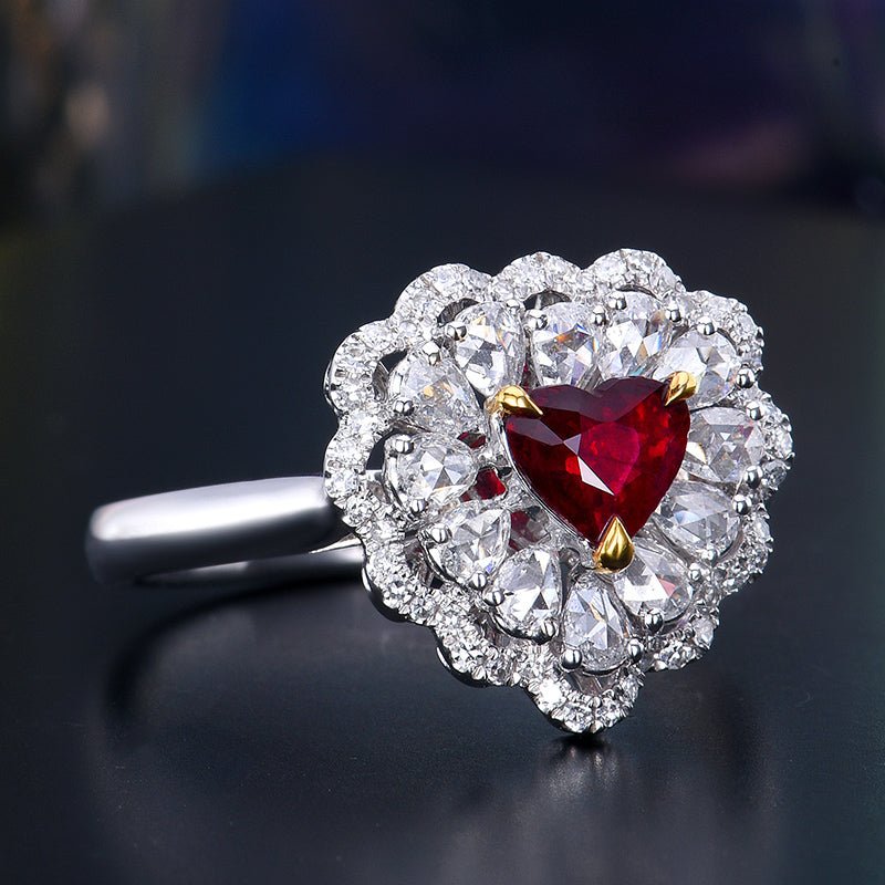 No burned pigeon Red Ruby ring Heart - shaped - Style B - Lotus Diamond