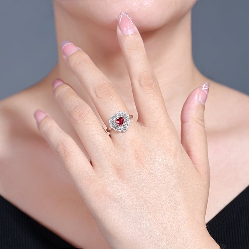 No burned pigeon Red Ruby ring Heart - shaped - Style B - Lotus Diamond