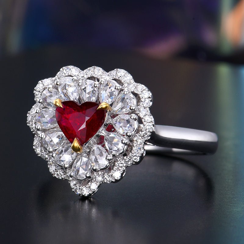 No burned pigeon Red Ruby ring Heart - shaped - Style B - Lotus Diamond
