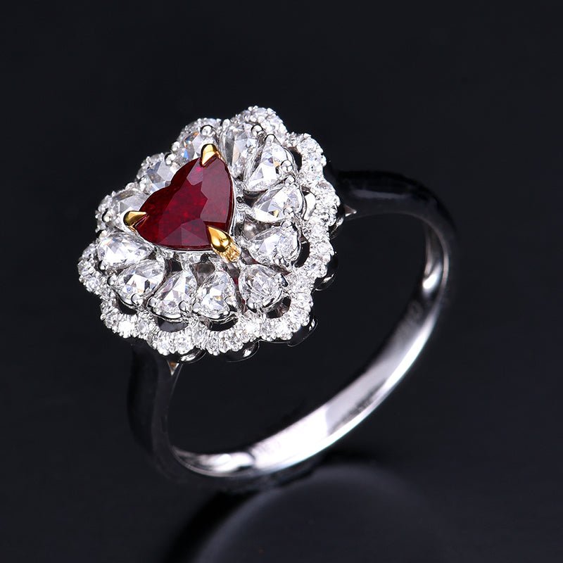 No burned pigeon Red Ruby ring Heart - shaped - Style B - Lotus Diamond