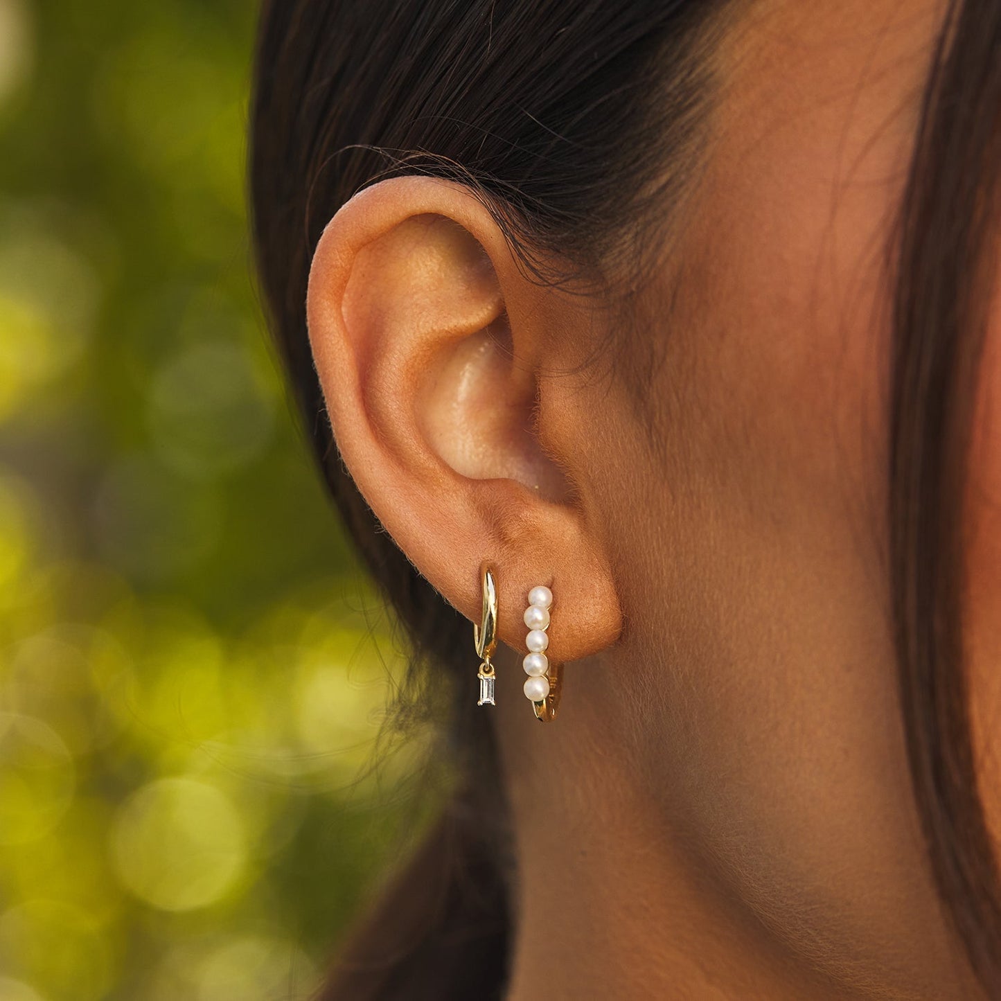 Pearl Huggies Hoop Earrings - Lotus Diamond