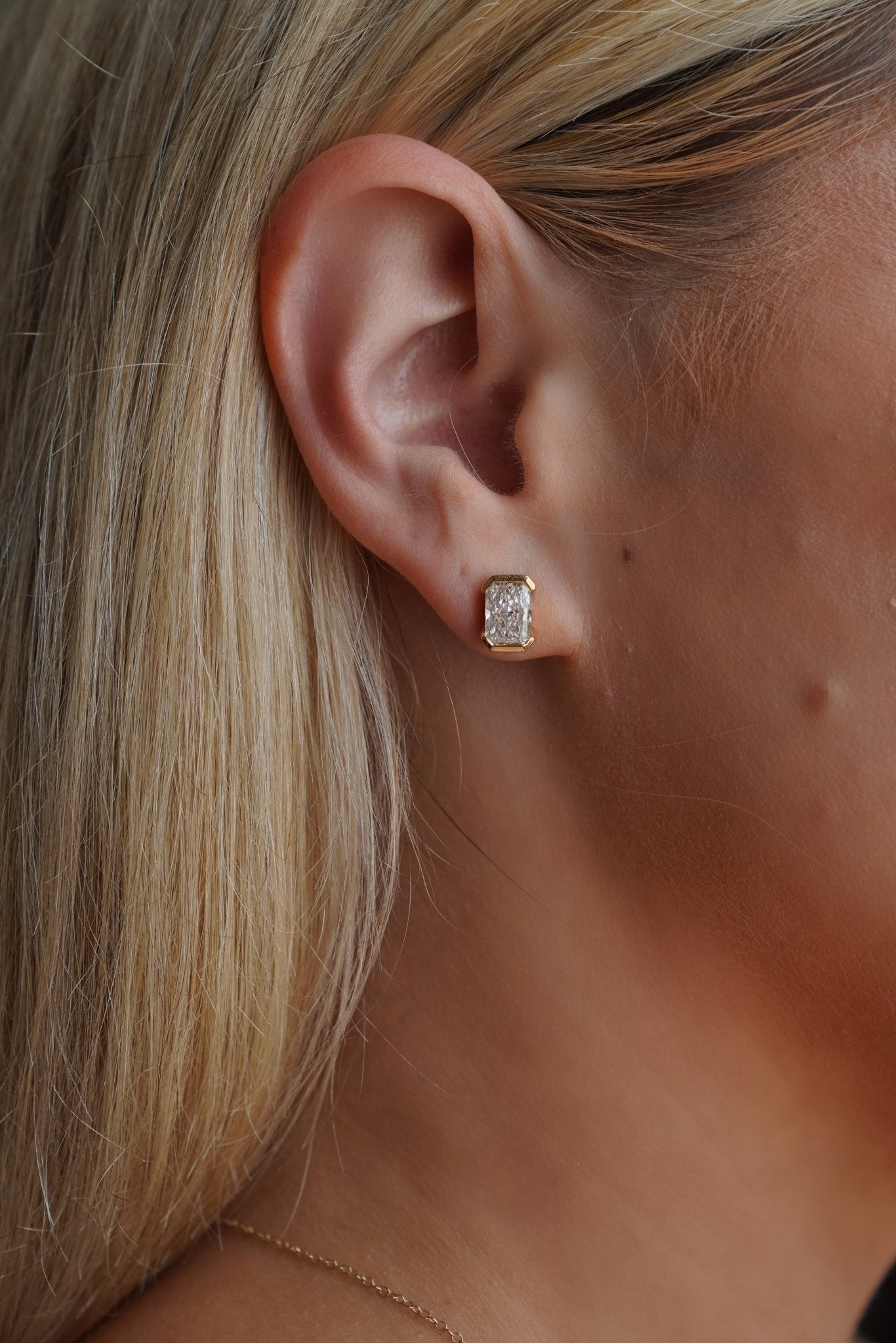 Portrait Half Bezel 3.0 CTW Lab Radiant Diamond Studs 14K Yellow - Lotus Diamond