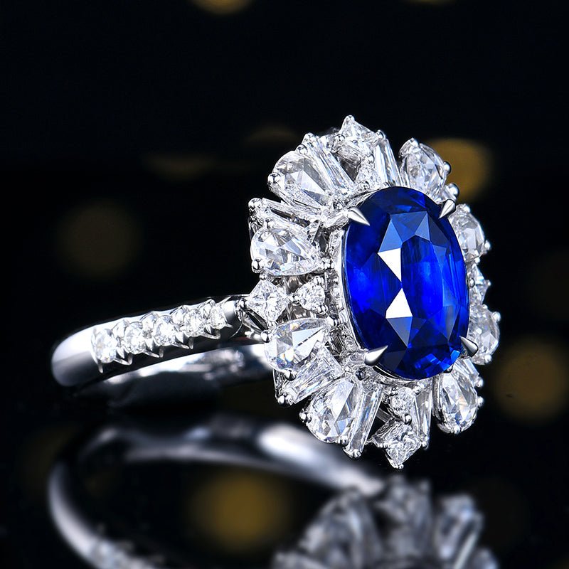 Sri Lanka Natural no - burn Royal Blue Sapphire Ring - Style A - Lotus Diamond