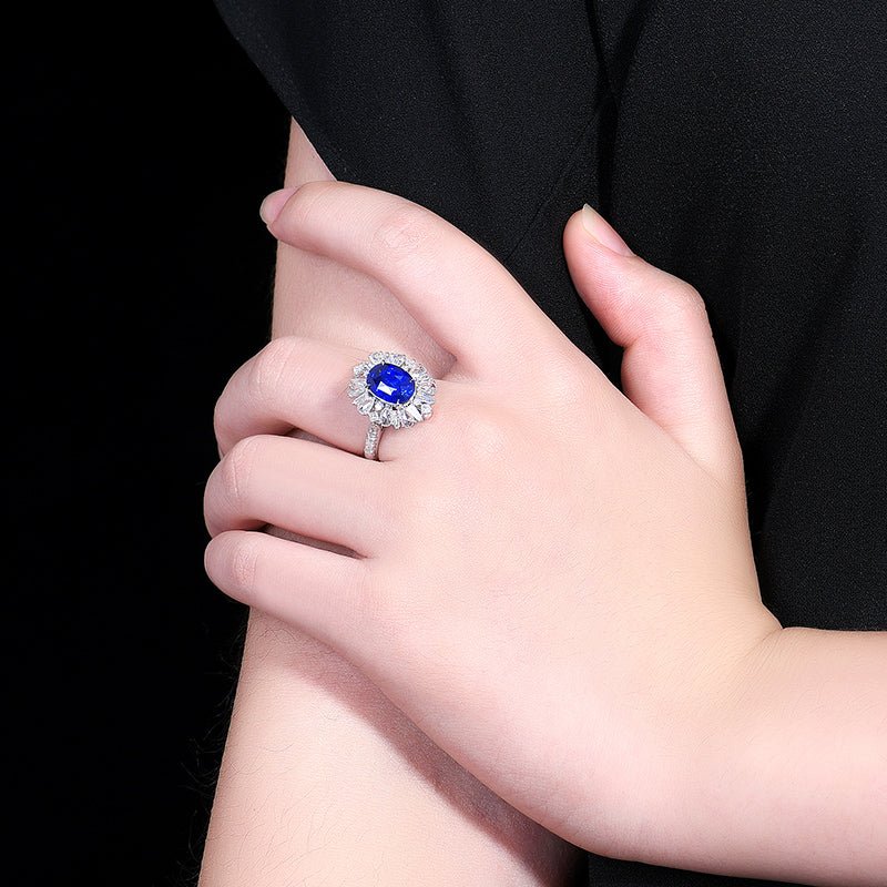 Sri Lanka Natural no - burn Royal Blue Sapphire Ring - Style A - Lotus Diamond