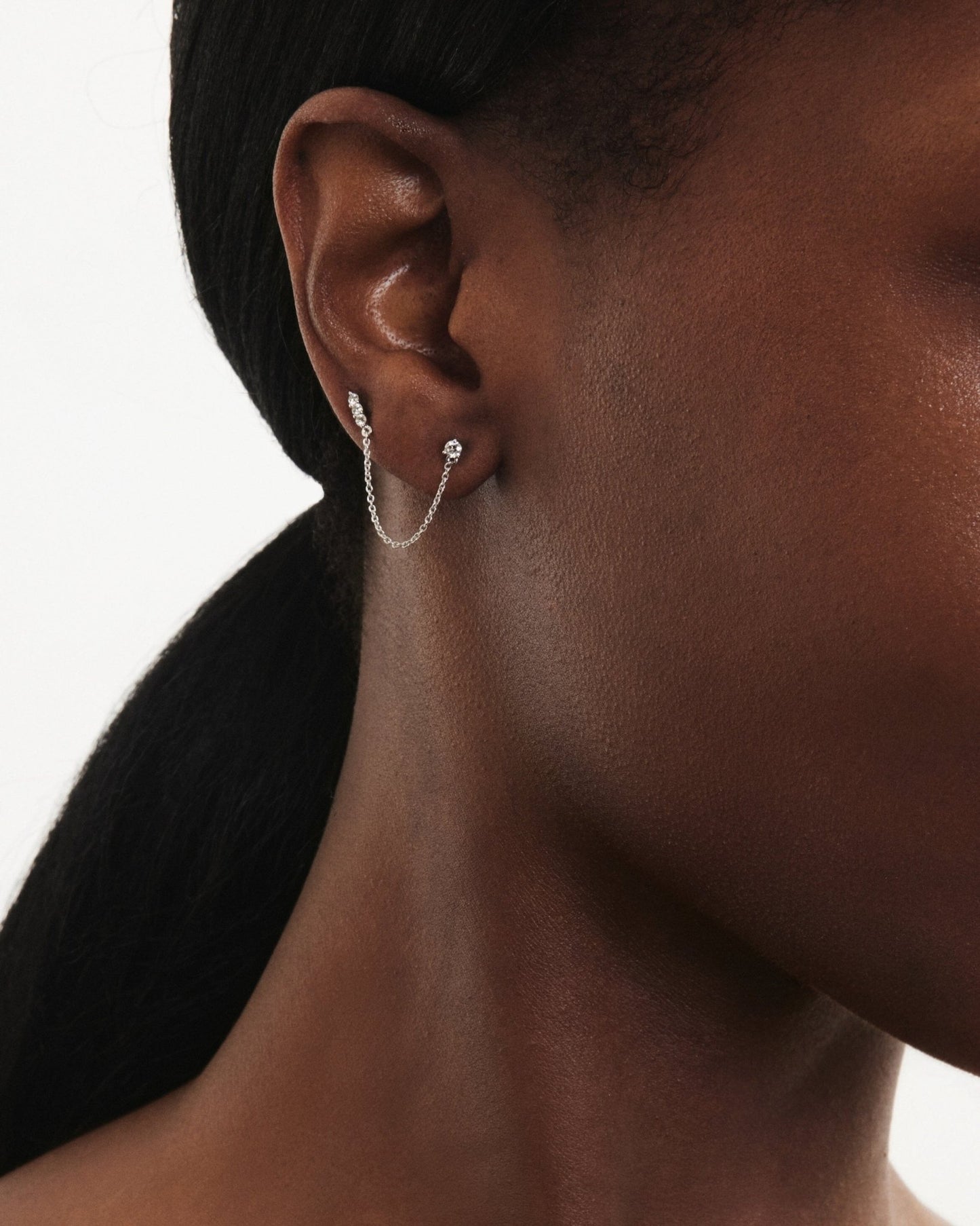 The Mini Double Stud Chain Single Earring - Lotus Diamond