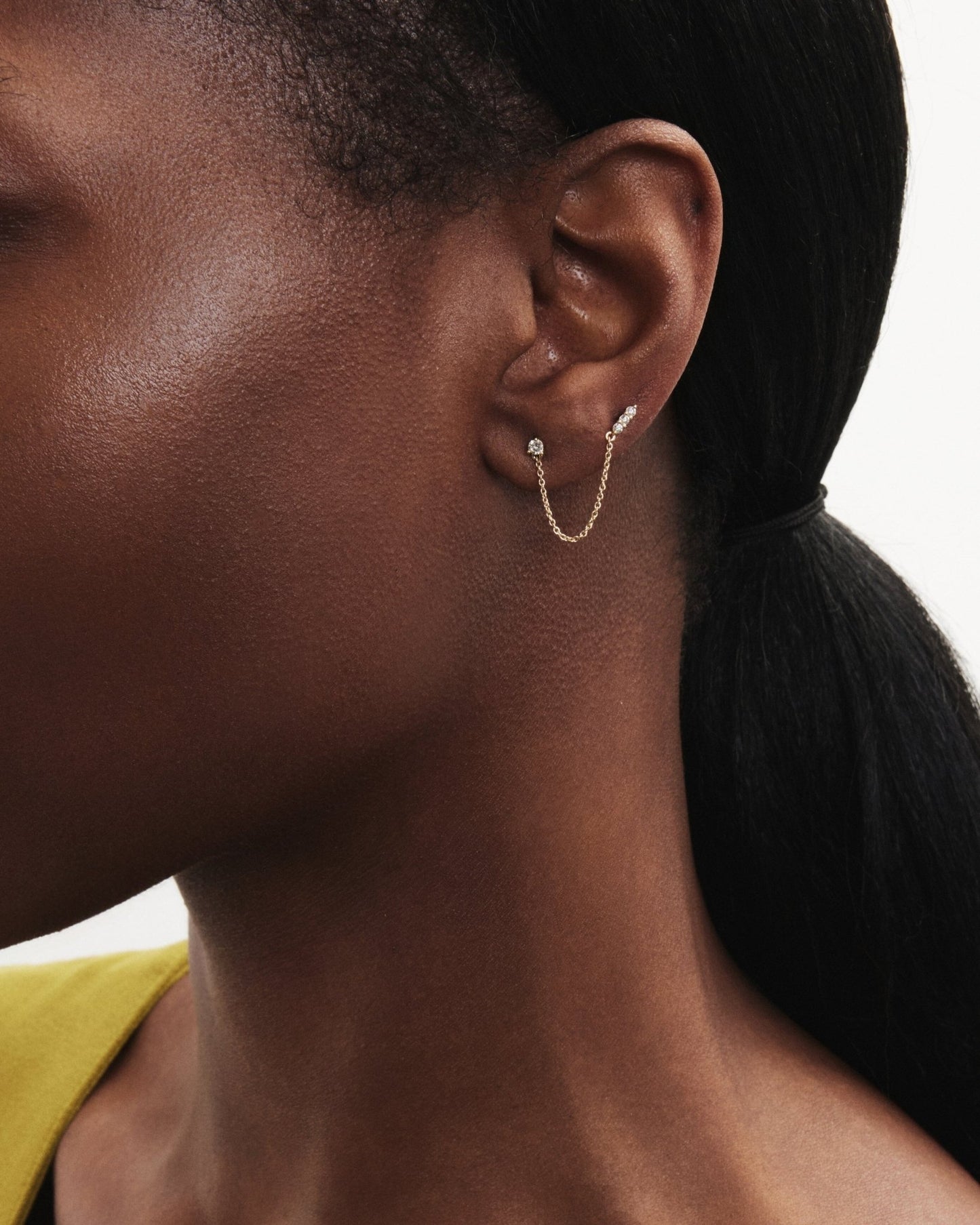 The Mini Double Stud Chain Single Earring - Lotus Diamond