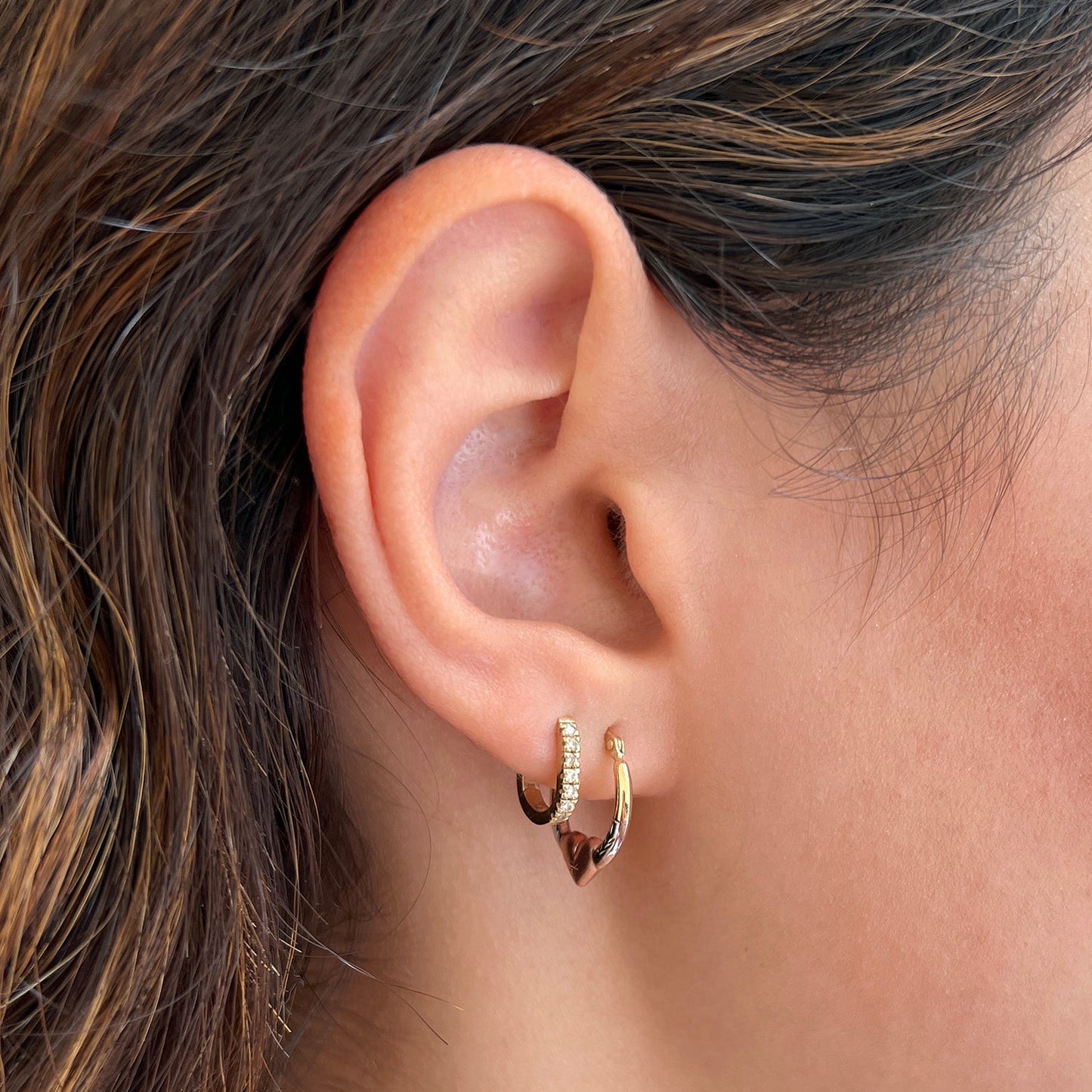 Tri - Color Puff Heart Hoop Earrings - Lotus Diamond
