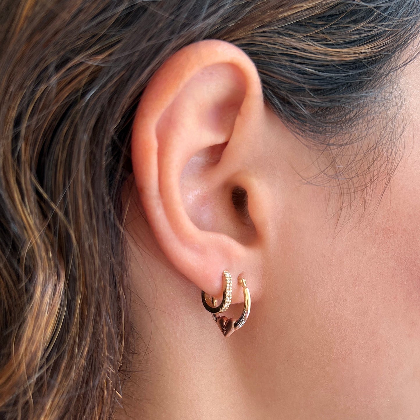 Tri - Color Puff Heart Hoop Earrings - Lotus Diamond