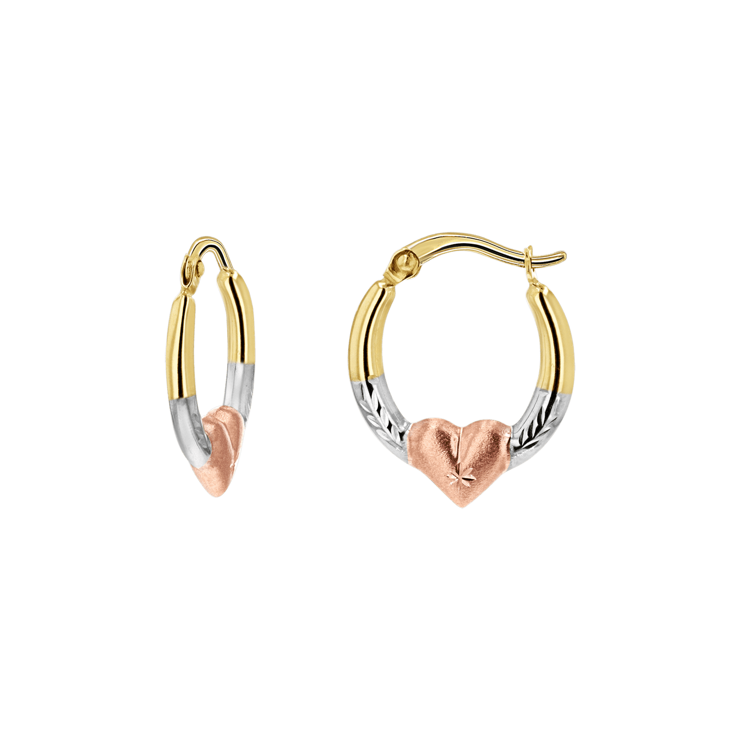 Tri - Color Puff Heart Hoop Earrings - Lotus Diamond