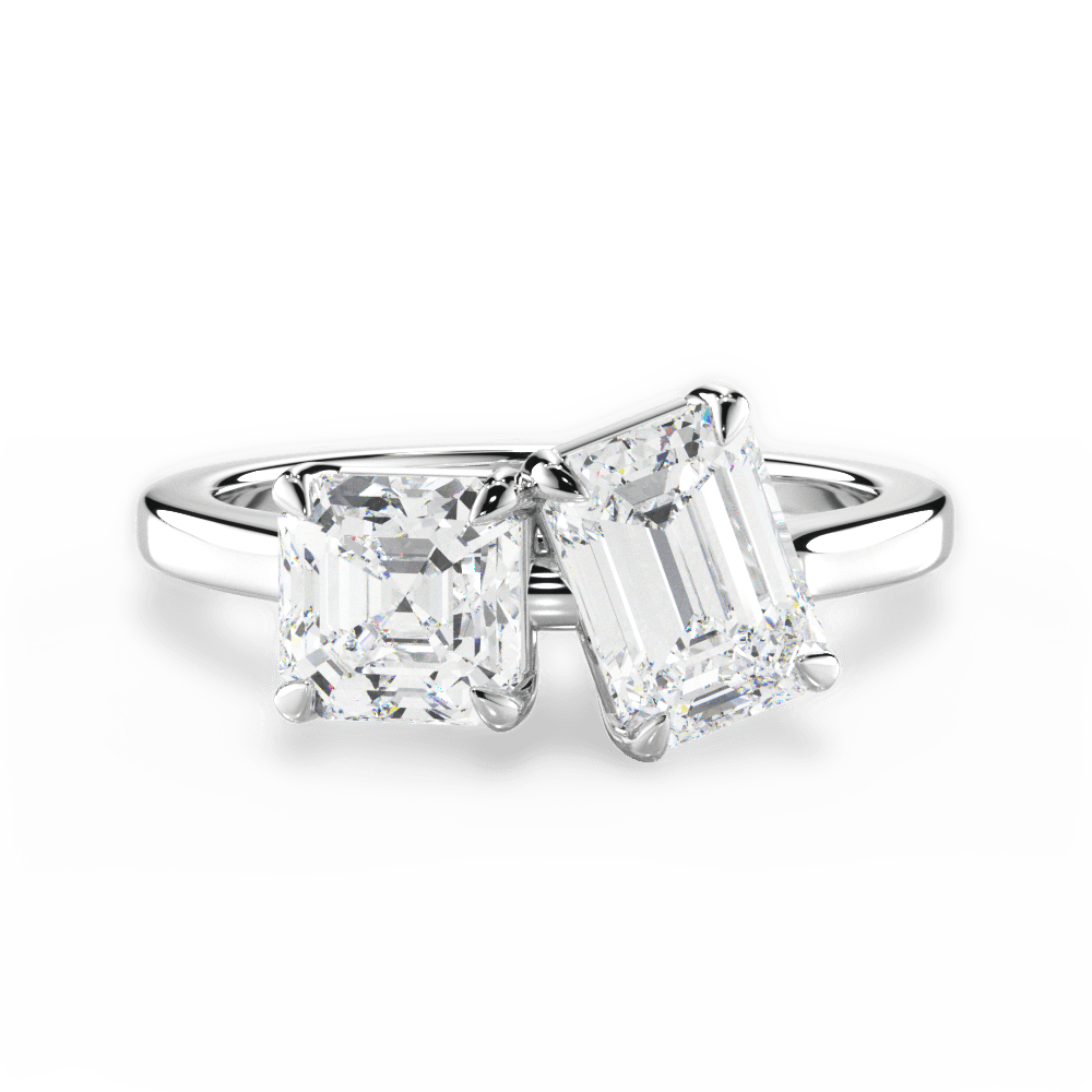 Two Stone Asscher Lab Diamond Engagement Ring - Lotus Diamond