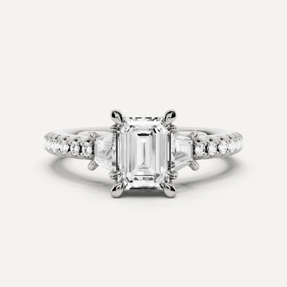 1 1/10 ctw Emerald Diamond Three Stone Engagement Ring With Trapezoid Side Stones - Lotus Diamond