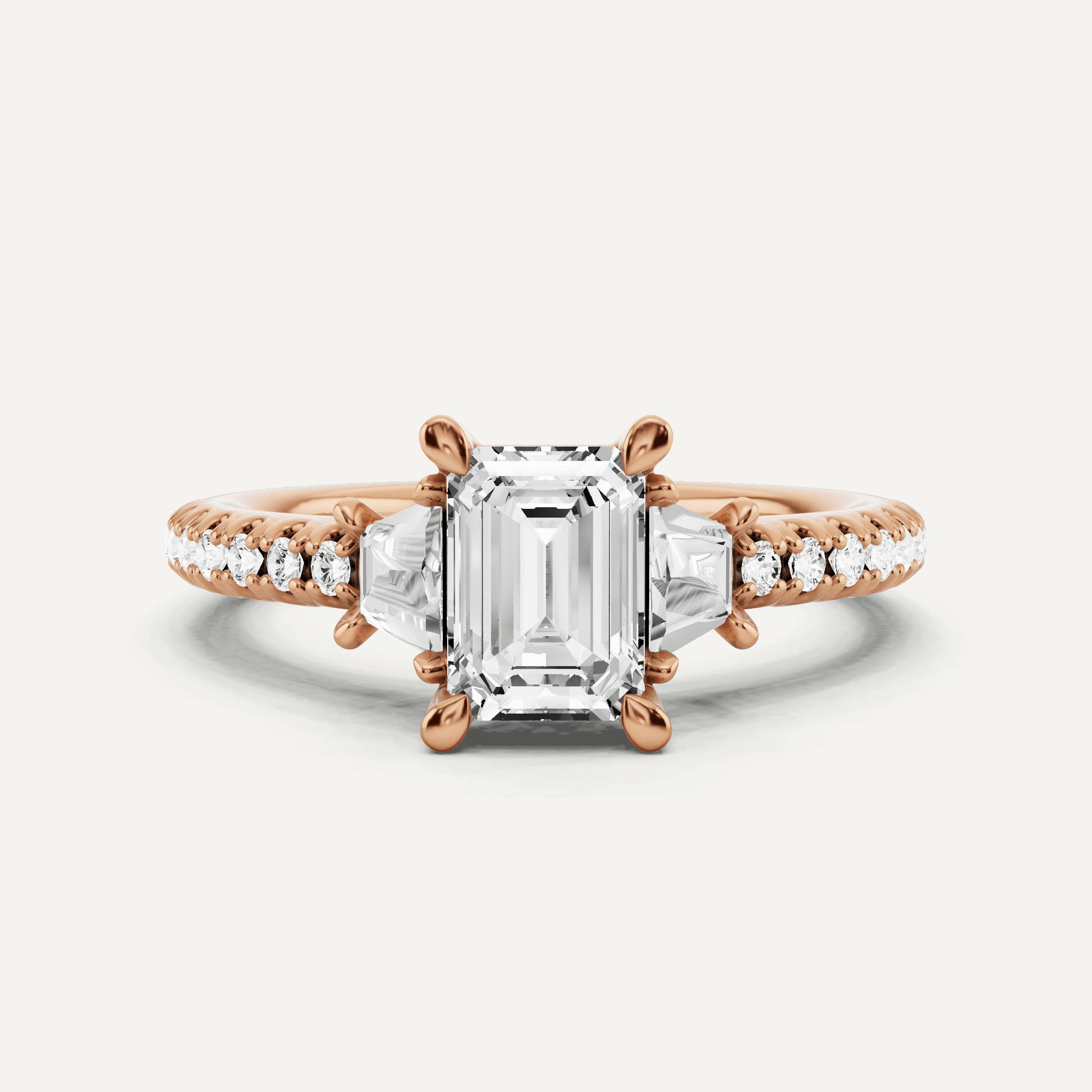1 1/10 ctw Emerald Diamond Three Stone Engagement Ring With Trapezoid Side Stones - Lotus Diamond