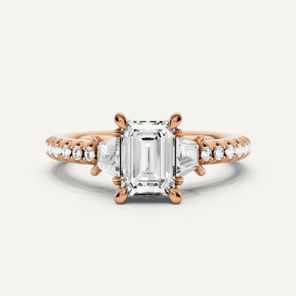 1 1/10 ctw Emerald Diamond Three Stone Engagement Ring With Trapezoid Side Stones - Lotus Diamond