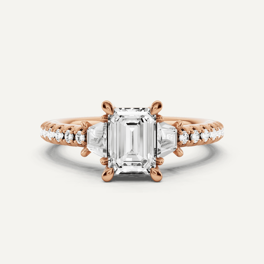 1 1/10 ctw Emerald Diamond Three Stone Engagement Ring With Trapezoid Side Stones - Lotus Diamond