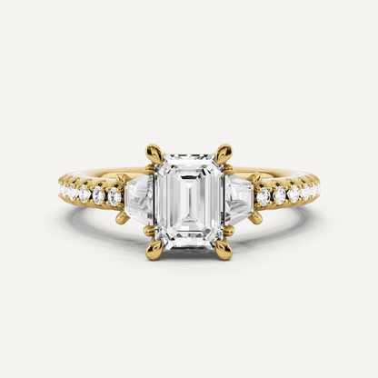 1 1/10 ctw Emerald Diamond Three Stone Engagement Ring With Trapezoid Side Stones - Lotus Diamond