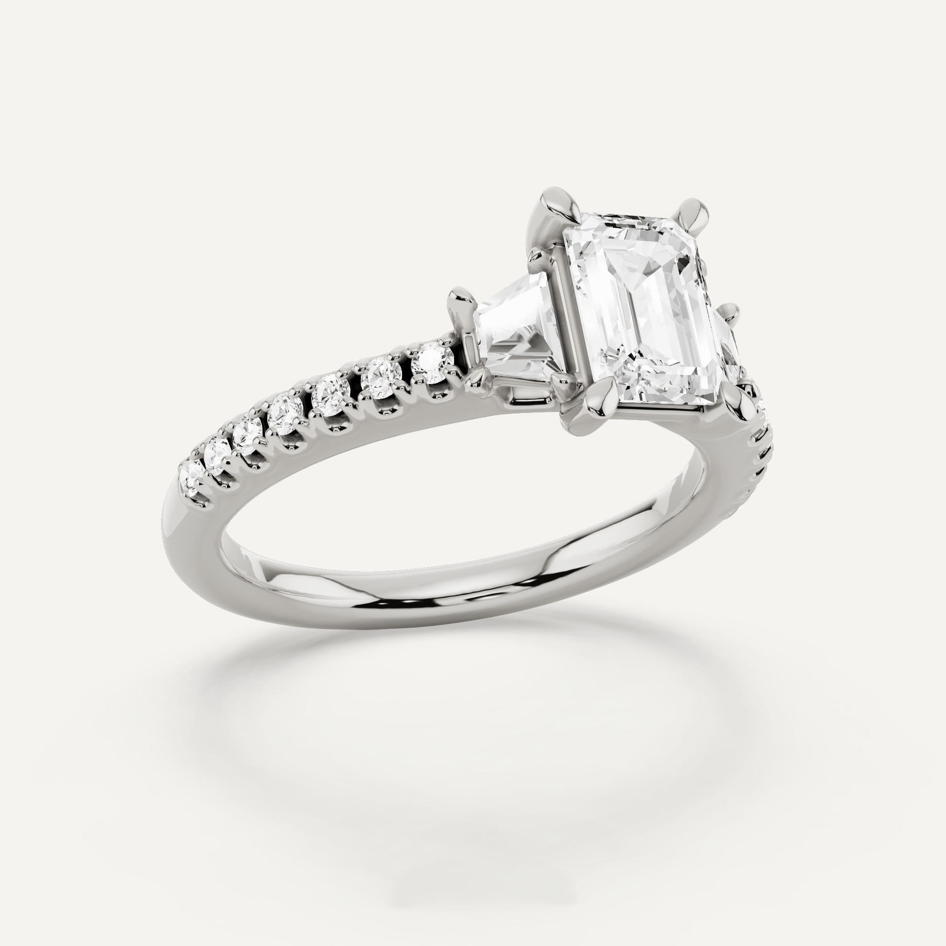 1 1/10 ctw Emerald Diamond Three Stone Engagement Ring With Trapezoid Side Stones - Lotus Diamond