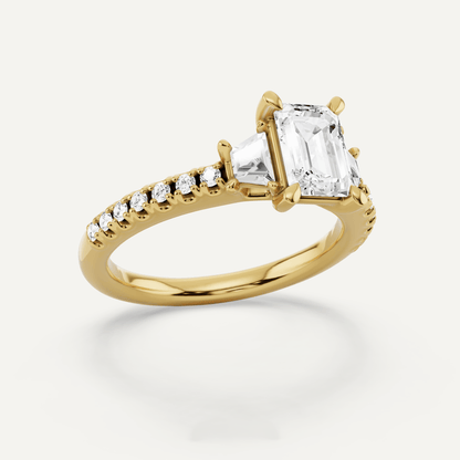 1 1/10 ctw Emerald Diamond Three Stone Engagement Ring With Trapezoid Side Stones - Lotus Diamond