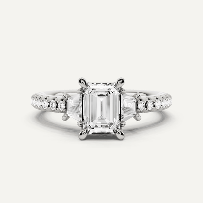 1 1/10 ctw Emerald Diamond Three Stone Engagement Ring With Trapezoid Side Stones - Lotus Diamond