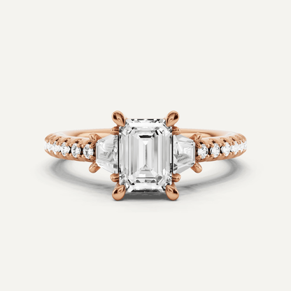 1 1/10 ctw Emerald Diamond Three Stone Engagement Ring With Trapezoid Side Stones - Lotus Diamond