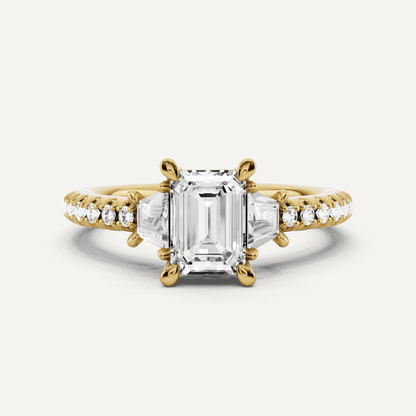 1 1/10 ctw Emerald Diamond Three Stone Engagement Ring With Trapezoid Side Stones - Lotus Diamond