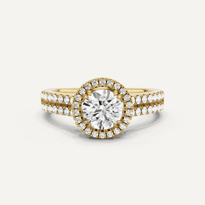 1 1/10 ctw Round Diamond Double Row Side Stone Halo Engagement Ring - Lotus Diamond