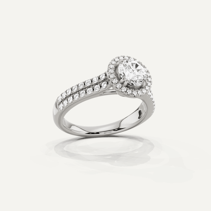 1 1/10 ctw Round Diamond Double Row Side Stone Halo Engagement Ring - Lotus Diamond