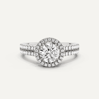 1 1/10 ctw Round Diamond Double Row Side Stone Halo Engagement Ring - Lotus Diamond